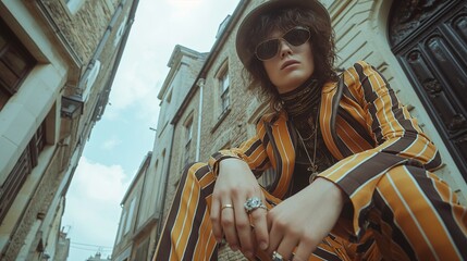 Vintage flair meets contemporary fashion portrait image. Stylish individual with retro sunglasses picture photorealistic photography. Bohemian sophistication concept photo realistic