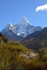 Fototapeta premium Hiking in the stunning Khumbu Valley surrounded by glaciars and snowy peaks in the Himalayan Everest Base Camp Trek