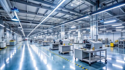 Industrial factory floor with rows of energy-efficient LED lighting illuminating machinery and workstations, machinery illumination, production environment