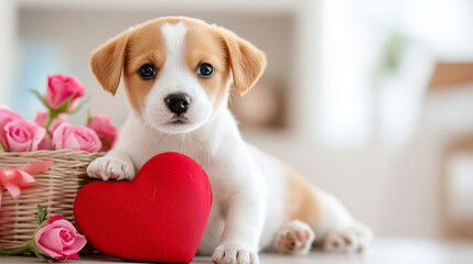 An adorable puppy snuggling with a red heart