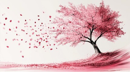 Obraz premium Beautiful pink cherry blossom tree with petals blowing in the wind on a serene pastel background