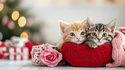 Two adorable kittens snuggling in a red heart-shaped basket