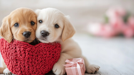 Two adorable puppies snuggling in a red heart-shaped basket