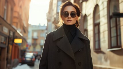 Fototapeta premium Sunglasses woman in dark overcoat walks down sunlit urban street portrait image. Confident demeanor, autumn vibes picture photorealistic. City lifestyle concept photo realistic