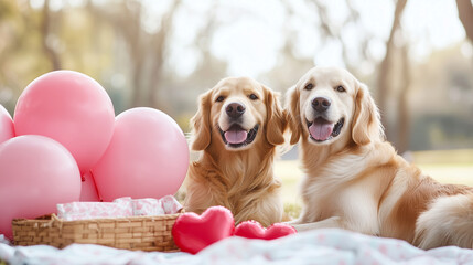 Two golden retrievers sitting next to a picnic setup