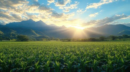 Fototapeta premium corn or maize field at agriculture plantation farm in dramatic sunset. 