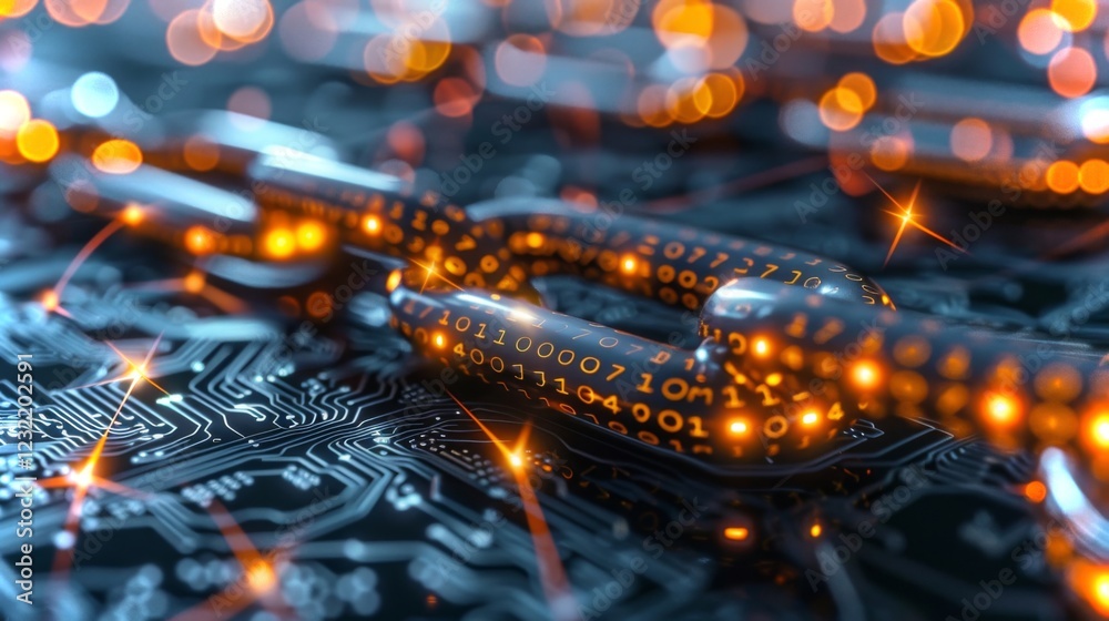 Fototapete A close up view features a digital chain interlinked with glowing blocks of binary code set against a dark circuit board background, creating a high tech atmosphere with light reflections.
