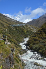 Hiking at the foot of Lhotse, Ama Dablam and Mount Everest in the Himalayan Khumbu Valley, Nepal