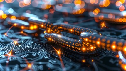 A close up view features a digital chain interlinked with glowing blocks of binary code set against a dark circuit board background, creating a high tech atmosphere with light reflections.