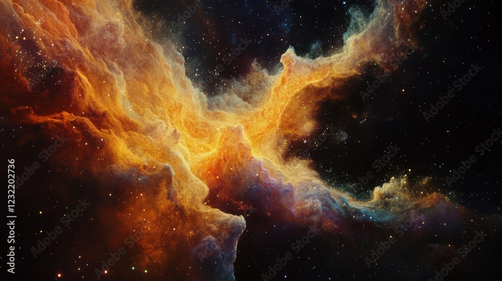 Wall mural golden nebula with many stars and colorful gases expanding in the immensity of the universe