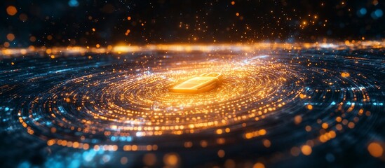 Vibrant digital swirl with glowing elements surrounding a central card in a cosmic background