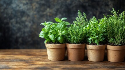 Fresh herbs in terracotta pots arranged on a rustic wooden table with a textured background