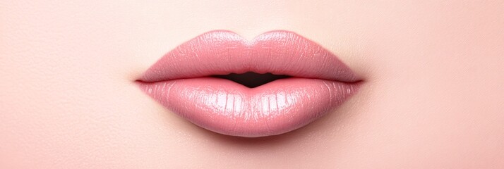 Fototapeta premium Full lips slightly open showing the result of a lip augmentation procedure with perfect lip makeup, highlighting the effectiveness of cosmetology and aesthetic treatments