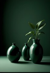 dark green green tone spa still life with towel and candle, vase and plants, oil bottle, aromatherapy, nuru