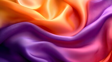 Sunset Silk Drape: A captivating abstract image of luxurious, flowing silk, showcasing a vibrant ombre transition from a rich purple to a warm orange, inviting you to touch its smooth.
