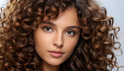 Fototapeta premium Visage portrait femme gros plan cheveux bouclés et brillants bruns avec reflets naturels.