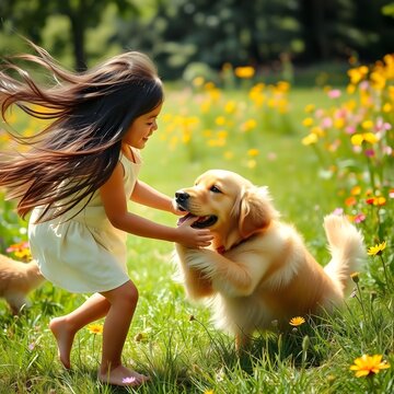 Un perro perdiguero pasando un rato feliz con una ni&ntilde;a de 5 a&ntilde;os.