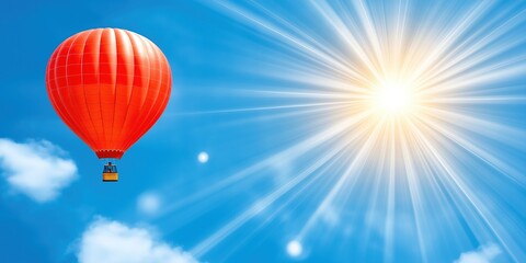 Obraz premium Red hot air balloon soaring high in a clear blue sky, basking in warm sun rays while small clouds drift by, creating an inspiring and picturesque scene of adventure and freedom