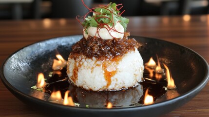 Flaming dessert creation upscale restaurant food photography modern setting close-up culinary art