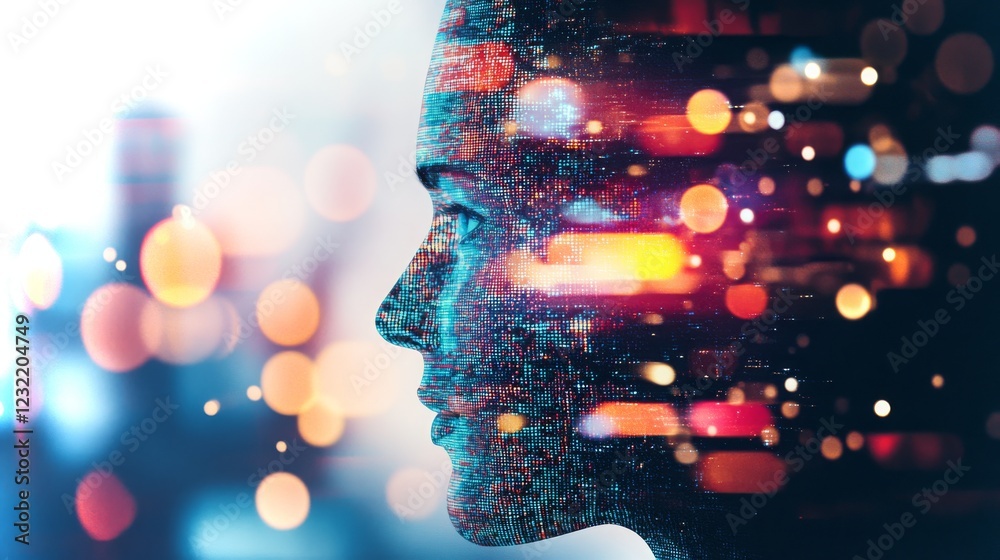 Poster advanced ai technology represented through a digital image of a human profile with data elements