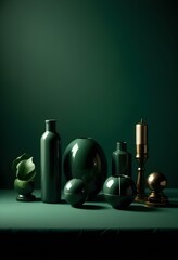 dark green green tone spa still life with towel and candle, vase and plants, oil bottle, aromatherapy, nuru