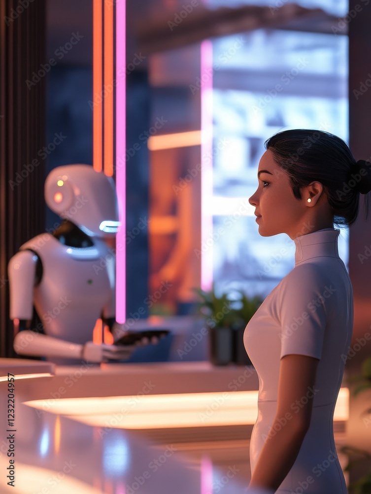 Poster futuristic ai customer service bot enhancing service quality with real-time data visualizations