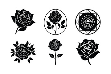 Hand-drawn rose silhouette bundle floral black set