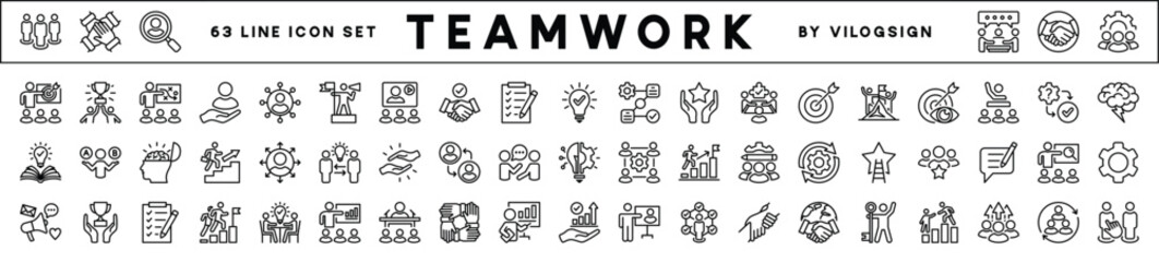 Business teamwork thin line icon set. Team or group people working together. Containing cooperation, collaboration, co-worker, support, organization, achievement, success. Vector illustration
