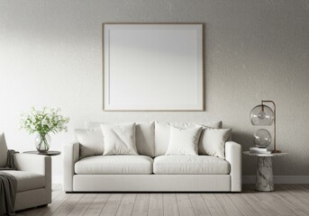 Minimalist living room, white sofa, blank framed poster, glass lamp, white floral arrangement, marble side table, neutral tones, clean aesthetic