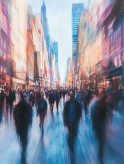 Obraz premium A vibrant urban scene with blurred pedestrians walking in a bustling shopping district, capturing the essence of city life.