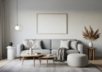 Modern minimalist living room, grey sofa, white ottoman, wooden round coffee tables, hanging oval pendant light