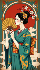 Fototapeta premium Graceful Japanese woman holding a fan in vibrant retro colors, tradition