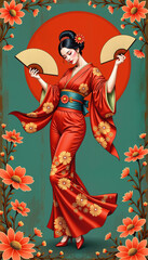 Fototapeta premium Japanese dancer spinning in red kimono with floral fans, artistic elegance