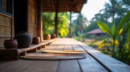 Tranquil Porch: Serenity on a Rustic Wooden Porch in a Tropical Setting