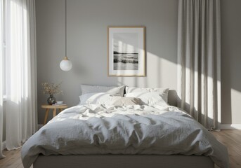 Cozy bedroom interior, soft white bedding, linen textures, natural light, sheer curtains, wooden picture frame, minimalist decor, neutral color palette, light gray walls