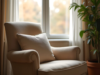 Fototapeta premium A Chair by Itself: A Space to Breathe. A close-up of a comfortable reading chair positioned near a window, with the blurred interior highlighting soft curtains and a small plant in the background.