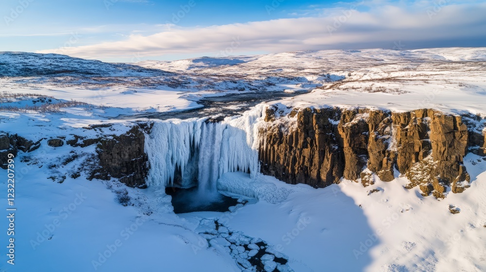 Poster partially frozen waterfall cascading into a river flowing through a snow covered valley in a winter 
