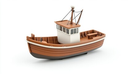 Wooden Tugboat Model on White Background for Decor and Design