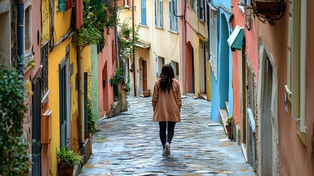 A woman walking down a narrow street in a European town, with cobblestones beneath her feet and colorful buildings around her