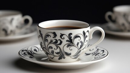 Obraz premium A classic cup of black coffee on a saucer, featuring a white ceramic design
