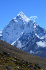 The stunning Himalayan Mountain ranges with snowy  glaciars and breathtaking views of Mount Everest, Ama Dablam and Lhotse while trekking