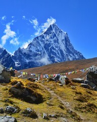 The stunning Himalayan Mountain ranges with snowy  glaciars and breathtaking views of Mount Everest, Ama Dablam and Lhotse while trekking