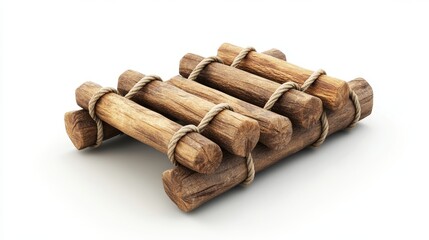 Rustic Wooden Raft Made of Logs with Natural Twine Binding