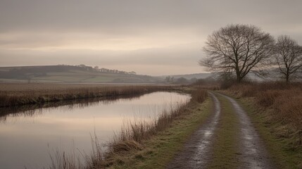 Fototapeta premium Peaceful view of a calm river reflecting surrounding trees and vegetation with warm lighting.