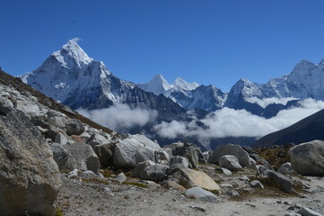 The stunning Himalayan Mountain ranges with snowy  glaciars and breathtaking views of Mount Everest, Ama Dablam and Lhotse while trekking