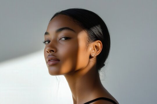 Professional photo of a model with smooth, radiant skin and light makeup posing with her hands near her ears, highlighting the perfect placement for earrings, a refined and luxurious feel