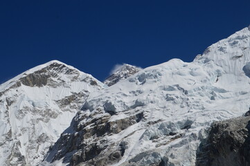 Mount Everest and the Khumbu Icefall Glacier as seen from the valley on the Everest Base Camp Trek,...