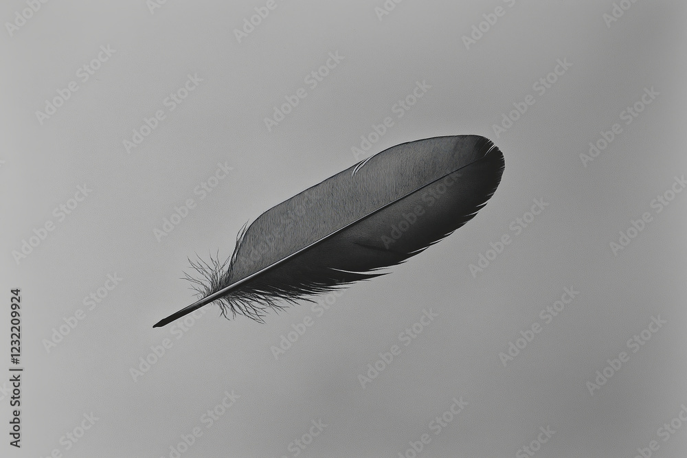 Poster A single feather floating on a soft gray background