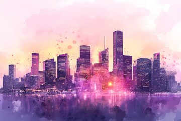 Fototapeta premium A watercolor skyline of City, blending shades of pink and purple to create an elegant cityscape