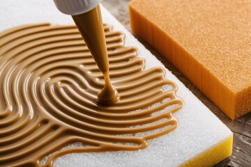 Adhesive Application. Close-up view of adhesive being applied on a foam block, ready for industrial usage in manufacturing and product assembly processes.